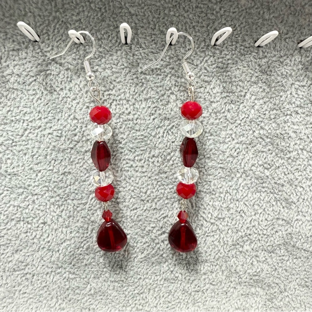 Red and Clear Beaded Dangle Earrings